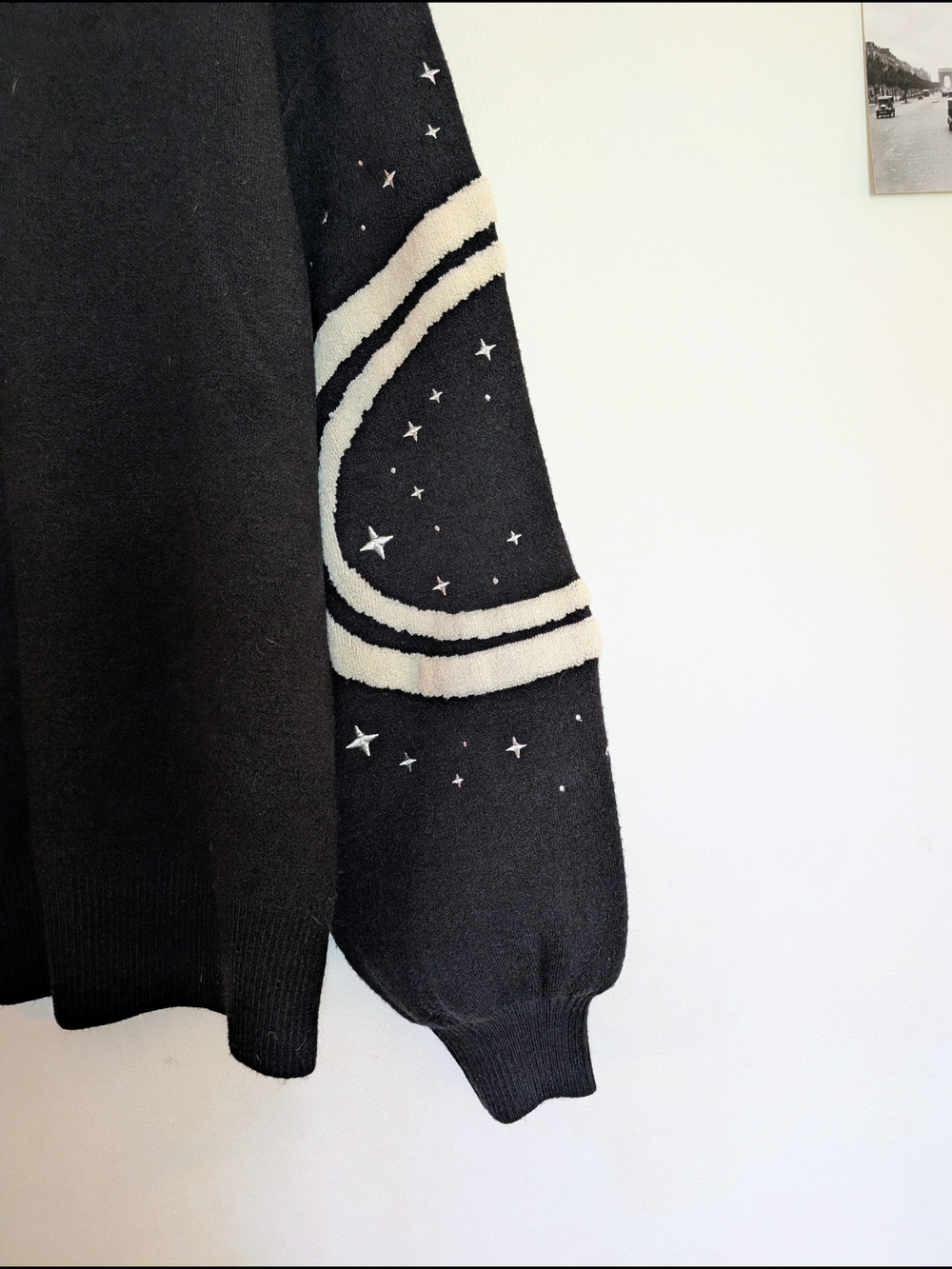 Black Crewneck Sweater with Cream Star & Wave Sleeves - Picture 2 of 3